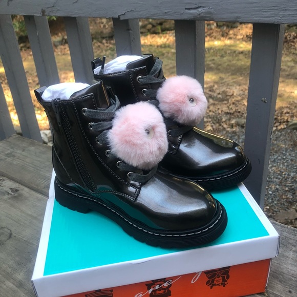 Hoo Other - Hoo Pewter Patent, Pink Pompom Combat Boot